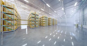 Warehouse or industry building interior. known as distribution center, retail warehouse. Part of storage and shipping system. Included box on shelf in perspective view and concrete floor. 3d render.