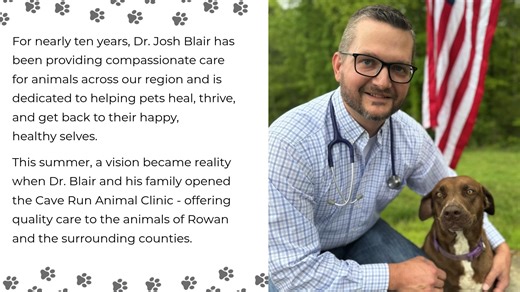 🐾⭐ Business Spotlight: Cave Run Animal Clinic ⭐🐾 This summer, Dr. Josh Blair and his family opened the doors to the Cave Run Animal Clinic - offering quality care to the animals of Rowan and surrounding counties. Located in Morehead, Dr. Blair and his team are excited to serve the community with their drive-thru pharmacy, cutting-edge technology, and same-day appointments. Learn more about the Cave Run Animal Clinic in the video below as well as visiting their website at: www.caverunanimalclin