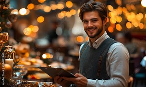 young event manager with clipboard looking at table with festive setting in modern event hall Stock Video