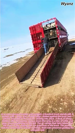 Livestock truck lowers ramp to unload sheep