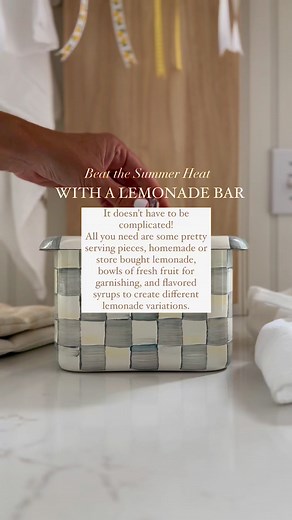 A lemonade bar is a great idea to try this summer whether you have a cookout coming up or just want to surprise the family with a treat on a hot day. I know my family enjoyed this impromptu set up! It’s easy to put together and a fun way to elevate an iconic summer drink. All you need are a few beautiful serving pieces (I personally love these @mackenziechilds Sterling Check & Flower Market pieces), homemade or store bought lemonade, flavored syrups to create different lemonade variations, and f