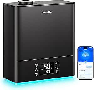 GoveeLife Smart Humidifiers for Bedroom Large Room, Top-Fill Cool Mist 6L WiFi Air Humidifier, Auto Mode, App & Voice Control, 60H Runtime, Rapid Humidification, RGB Nightlight Baby Plants, Black