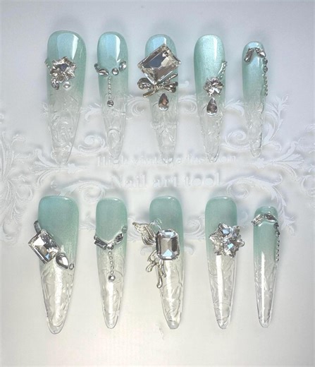 Mint Green Press On Nails – Ombre Clear Nails with Rhinestones, Long Coffin Nails, Elegant Spring Nails, Handmade Look