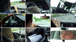 4K compilation (montage) - a group of people drive a car - closeup