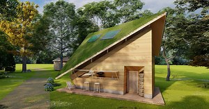 angular green roof tops rammed earth cabin blending into the slovenian scenery