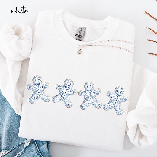 Christmas Gingerbread Man Sweatshirt, Holiday Baking Sweatshirt for Women, Cute Festive Sweater, Blue Toile Coquette, Xmas Cookie Sweatshirt - Etsy