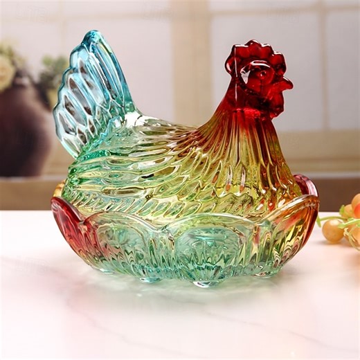 Reusable Chicken-shaped Crystal Glass Storage Jars with Lids, Crystal Glass Candy Container, Dried Fruit Serving Plate, Decorative Candy Snack Dish, I