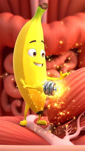 Happy banana character exercising in human body