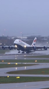British Airways A380 takes off during Storm Darragh at Heathrow Airport #storm #CROSSWIND #airbusa380 #takeoff | Airliner Videos
