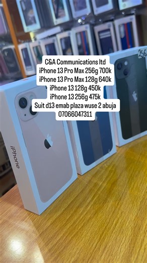 Abuja Phones, Laptops & Accessories on Instagram: "C&A communications ltd All sharp Follow our page for more sweet deal Open box sealed ( with accessories) IPhone 13 Pro max 256g 700k iPhone 13 Pro Max 128g 640¥k iPhone 13 256g 475k iPhone 13 128g 450k Face ID and battery perfect Sweet camera Place order now Nation wide delivery 🚚 Send us a DM 07066047311 Visit us at - Suit D13 Emab plaza Wuse 2 abuja Pay Only to the account below! Account details- 2004327308 Fcmb C&A communications ltd 