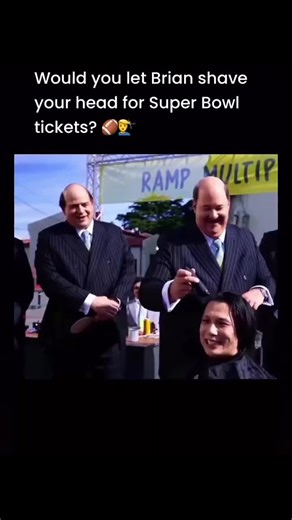 Cinematic world on Instagram: "The 15 sec clip shows a chaotic and hilarious Super Bowl tailgate stream moment hosted by RAMP, where an overly enthusiastic fan is getting his head shaved by Brian from The Office. The guy is hyped beyond control, yelling about how excited he is for the Super Bowl while laughing through the whole thing. The mix of celebrity cameo, random bald transformation, and pure fan energy makes the clip feel unserious, loud, and perfectly on-brand for Super Bowl chaos. About