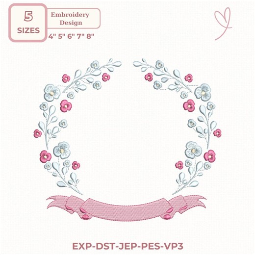 Floral Wreath Embroidery Design, Monogram Frame With Ribbon, Wedding & Baby Decor, 5 Sizes, Dst,des, Exp, Jep, Vp3 - Etsy