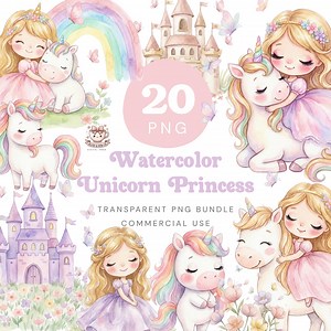 Unicorn Princess Watercolor PNG Bundle, Castles Flowers Butterflies Clipart, Digital Download - Etsy