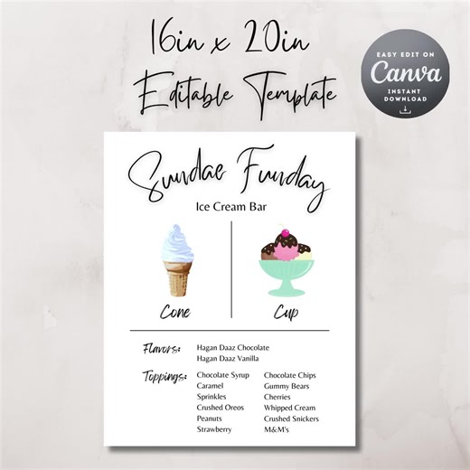 Ice Cream Sundae Menu,minimalist Sundae Funday, Wedding Birthday Event Bar Menu, Ice Cream Party, Canva Instant Download Editable Template - Etsy