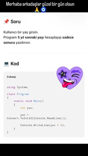 isikablaninkodpaylasimlari on Instagram: "🧩 Satır satır detaylı anlatım #ortaokul #lise #csharp #kodlamaogreniyorum #bilgisayar using System; C#’ta ekranla ilgili komutları kullanmak için yazılır Console komutları buradan gelir class Program Programın adı C#’ta her kod class içinde yazılır static void Main() Program buradan başlar Bilgisayar ilk olarak burayı çalıştırır int yas; int → tam sayı demek yas → yaş bilgisini tutan değişken Henüz içine değer koymadık Console.ReadLine() Klavyeden bir ş