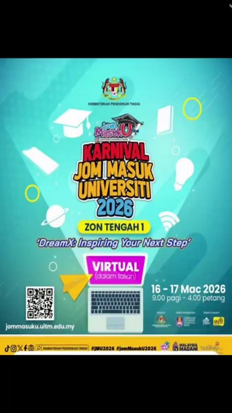 Karnival Jom Masuk Universiti 2026 : Zon Tengah 1 secara virtual pada 16 - 17 Mac 2026 .. 9.00 pagi - 4.00 petang .. Link pautan jommasuku.uitm.edu.my.. Jemput hadir beramai-ramai 😊 #uitm #upu #uitmdihatiku #upuonline #unipurple