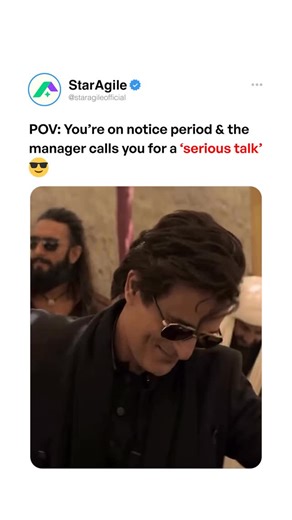 StarAgile on Instagram: "Tag that notice period employee 😎 . . . . #corporate #corporatememe #noticeperiod #worklife #réel #instagood #insta #instadaily #fyp #relatableofficememes #reelsinstagram #instagram #instamood #reelitfeelit #dhurandar #adityadhar #akshyakhanna"