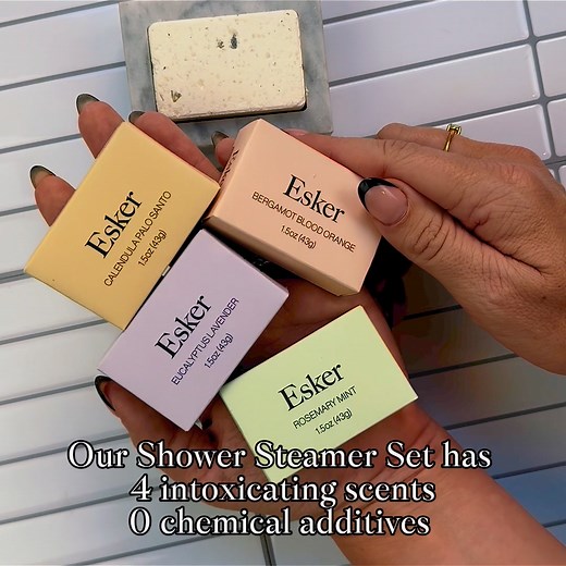 NEW- Our best selling Shower Steamer Discovery Set just got 2 new scents. These aromatherapy tablets turn every day showers into therapeutic at home spa days. Choose from Bergamot Blood Orange, Rosemary Mint, Lavendar Eucalyptus, and Calendula Palo Santa. | Esker Beauty
