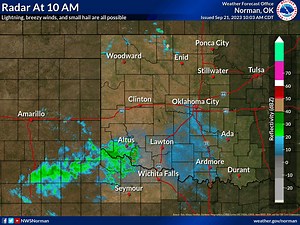 Here's a radar update with the thunderstorms moving moving along portions of southwest Oklahoma and western north Texas. Frequent lightning, breezy winds, and small hail are possible. | US National Weather Service Norman Oklahoma