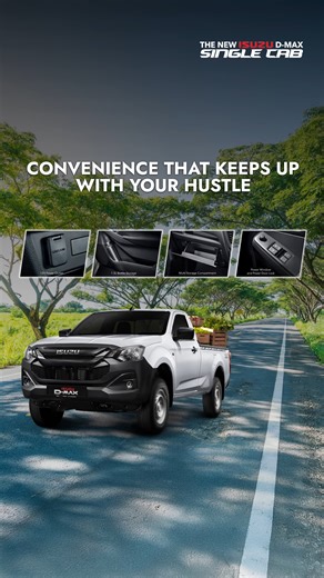 Convenience that Keeps Up with Your Hustle Some pickups carry loads. Others carry you through the day. The new Isuzu D-Max Single Cab is built for both — with thoughtful features that support your toughest routines. Inside, you’ll find multiple storage compartments, a 1.5L bottle holder for your go-to drink, and a 12V power outlet to keep your essential devices powered while you're on the move. For the driver, the power window now includes one-touch up/down with jam protection, making it quicker