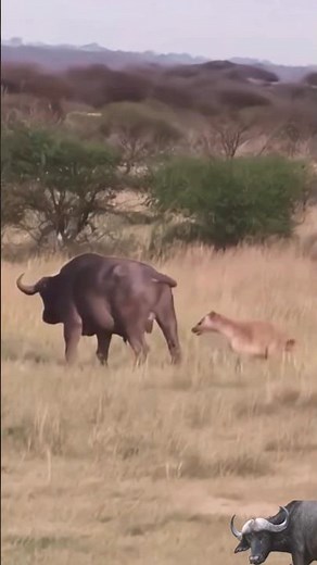 hyena biting buffalo