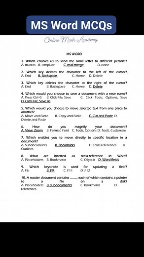 1.3K views | MS Word MCQs #MCQs #msword | Online Math Academy | Facebook