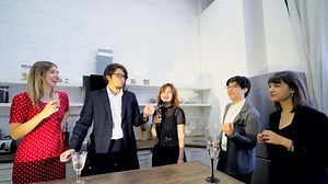 Co workers in office holiday party