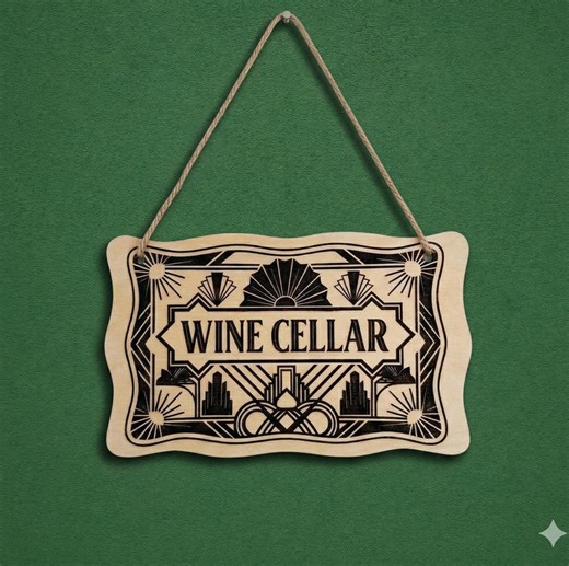 Art Deco Wine Cellar Sign | Natural Wood Hanging Bar Decor