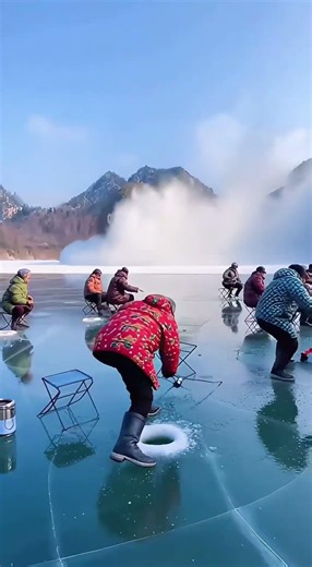 Ice Fishing Turns Into Chaos When a Massive Rock Crashes the Frozen Lake#IceFishing#Shorts