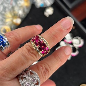 # 5 Pave’ Ruby Emerald cut  & Clear Round Diamond CZ Gold Ring  various sizes