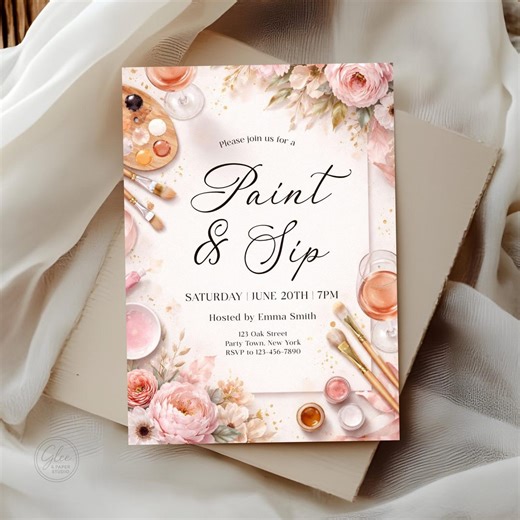 Paint and Sip Invitation Template | Editable Floral Art Party Invite - Etsy