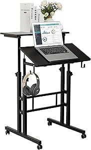 SIDUCAL Mobile Standing Desk, Portable Stand Up, Small Adjustable Converter with Wheels Home Office Workstation, Rolling Desk Laptop Cart for Standing or Sitting, Black