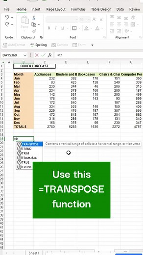 Transpose function flips the data table and creates a link to the source data. Great if your outputs don’t match the arrangement you like to use #excel #exceltips #exceltricks #tutorial #spreadsheets #trending #workhacks #googlesheets #corporate #work