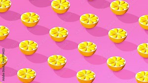 Oranges isometric pattern rotating animated 3D generated on pink background loop 4k