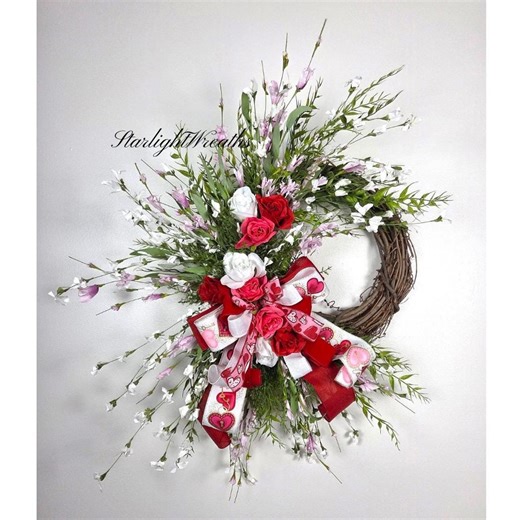 Red, White and Pink Roses Grapevine Wreath for Valentines Day, Holiday Door Decoration - Etsy