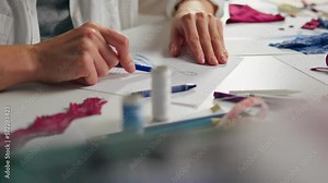 Creation collection clothes. Fashion samples fabrics, lace, accessories. Manufacture, atelier for making clothes. Sketches of designer working. Model of clothes to order. Unique fashion business