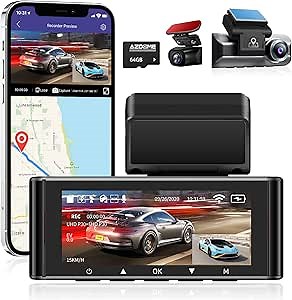 AZDOME M550 3 Channel Dash Cam, 4K+2.5K Front and Rear, 2.5K+1080P+2.5K Front Rear Inside Triple Car Camera Built-in WiFi GPS, 64GB Card Included, 3.19" Screen, WDR IR Night Vision, 24H Parking Mode