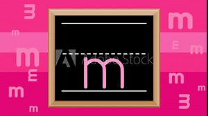 Animation of how to write the lower case alphabet letter 'm' with animated cartoon flying letters background. Also with Green Screen option.