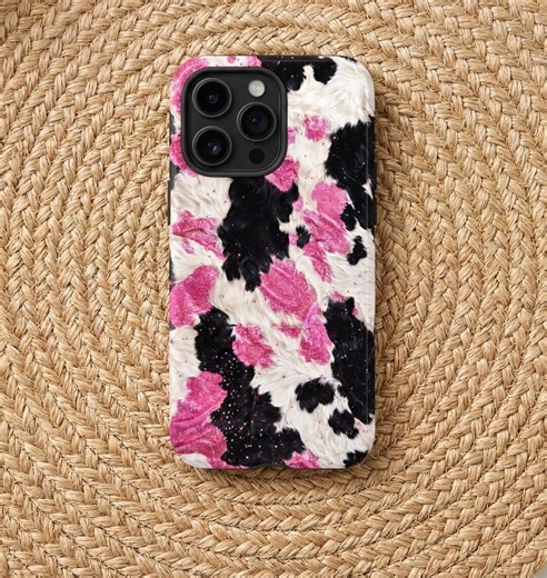 Pink Glitter Cow Print Phone Case, Western Aesthetic Cover, Tough & Slim Options, Trendy Cowgirl Gift - Etsy