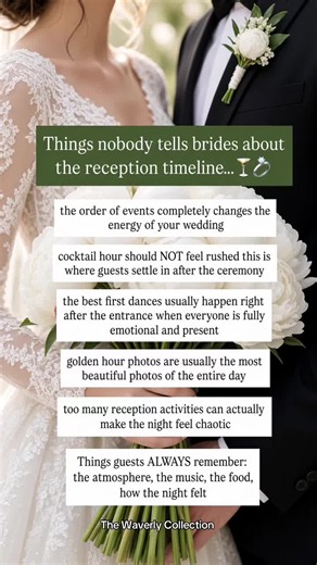 The reception timeline is the quiet architecture of your wedding night. Get the order wrong and the energy never quite finds its rhythm. Get it right and everything clicks — the first dance, golden hour, the way guests linger instead of checking the time. A few things we wish every bride heard before locking in the schedule: Cocktail hour is not a buffer. It’s where your guests actually arrive at the wedding. The best first dances usually happen right after the entrance — while everyone is still