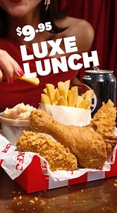 It’s $9.95 Luxe Lunch time today, tomorrow and every day next week ⏰ Get around a piece of everything good with OG Original Recipe, an Original Tender, Wicked Wing®, chips and more 🤤 All for just $9.95. Now that’s FLG® every day. Not available on delivery. | KFC