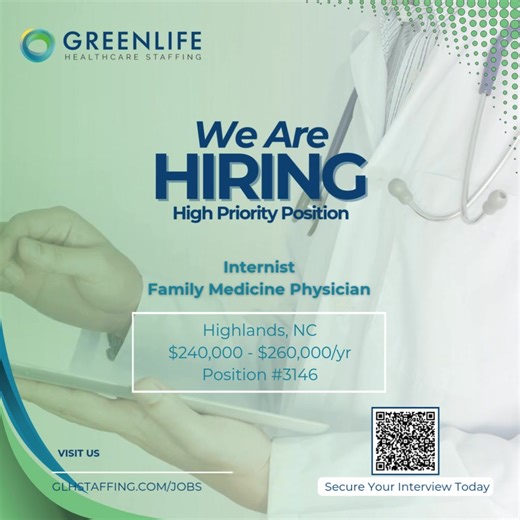👨‍⚕️ Now Hiring: Internist/Family Medicine Physician – Highlands, NC! 🌄(3146) Join a Federally Qualified Health Center (FQHC) providing compassionate primary care to a diverse community. $240K–$260K/yr relocation allowance, loan repayment, medical/dental/vision & 403(b)! New grads welcome! 📩 Apply Now: hr@glhstaffing.com | ☎️ (800) 608-4025 | https://glhstaffing.com/jobs/ 📲 Scan the QR code to apply instantly! Ready to get started? Click the link below to connect with an intake specialist. h