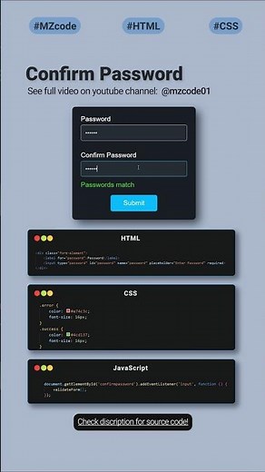 Confirm Password | CSS JavaScript Tips and Tricks #coding #css #javascript #shorts #csstricks #short