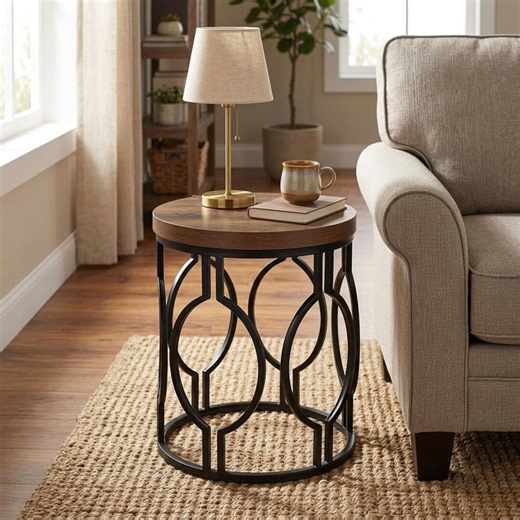 Industrial Round End Table: Rustic Brown Wood, Black Metal Frame Nightstand - Etsy