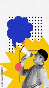 Young man shouting in megaphone, making big announcement and engaging the audience. Stop motion, animation. Influencer. Concept of business, public relations, marketing and management Stock Video