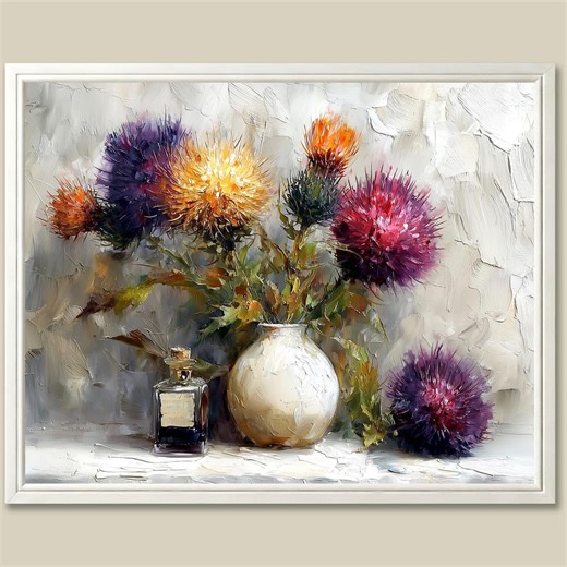 Scottish Thistle Vase Art Print Wildflower Still Life Oil Painting Vintage Floral Wall Art - Etsy