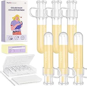 Nuliie Colostrum Collector Kit 7ml/6pcs, Leakproof, Reusable Breast Milk Collector, Heat & Freezer Resistant, BPA-Free, With Cotton Cloth Wipe, Storage Case, Cleaning Brush - Ready-to-Use for Newborns