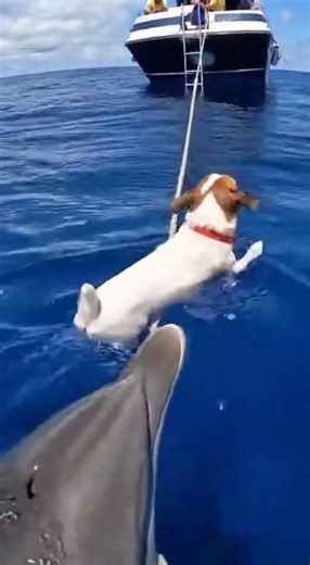 Dolphin Rescues Struggling Dog in Open Sea 🌊🐬🐶 #DolphinHero #DogRescue #OceanAdventure