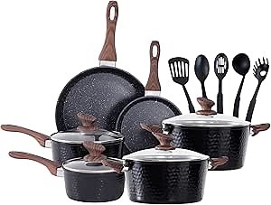 DishDelight 15 Piece Pots and Pans Set Non Stick, Induction Nonstick Kitchen Cookware Sets, Nonstick Induction Cookware with Frying Pans and Saucepan Set, Non-toxic Kitchen Cooking Set, Black
