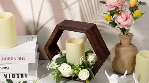 16 Pcs Wooden Candle Lantern Set Includes 8 Rustic Wedding Centerpieces for Table Decorative Candle Lanterns and 8 Flameless Decorative LED Candles for Wedding, Dark Brown, Hexagon